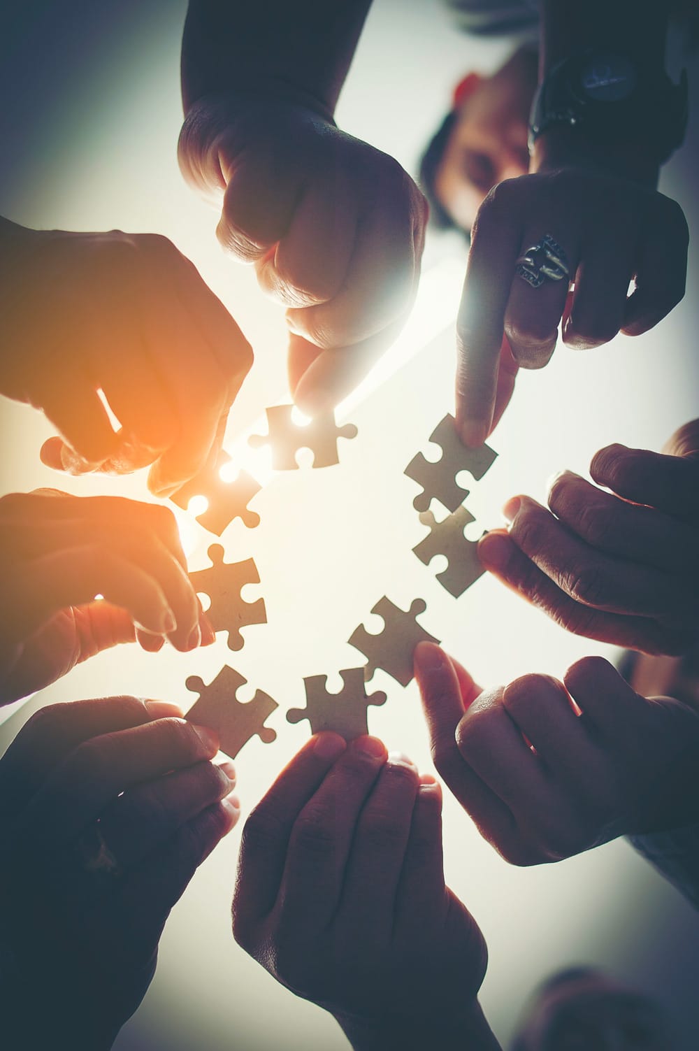 A group of hands holding a puzzle piece each